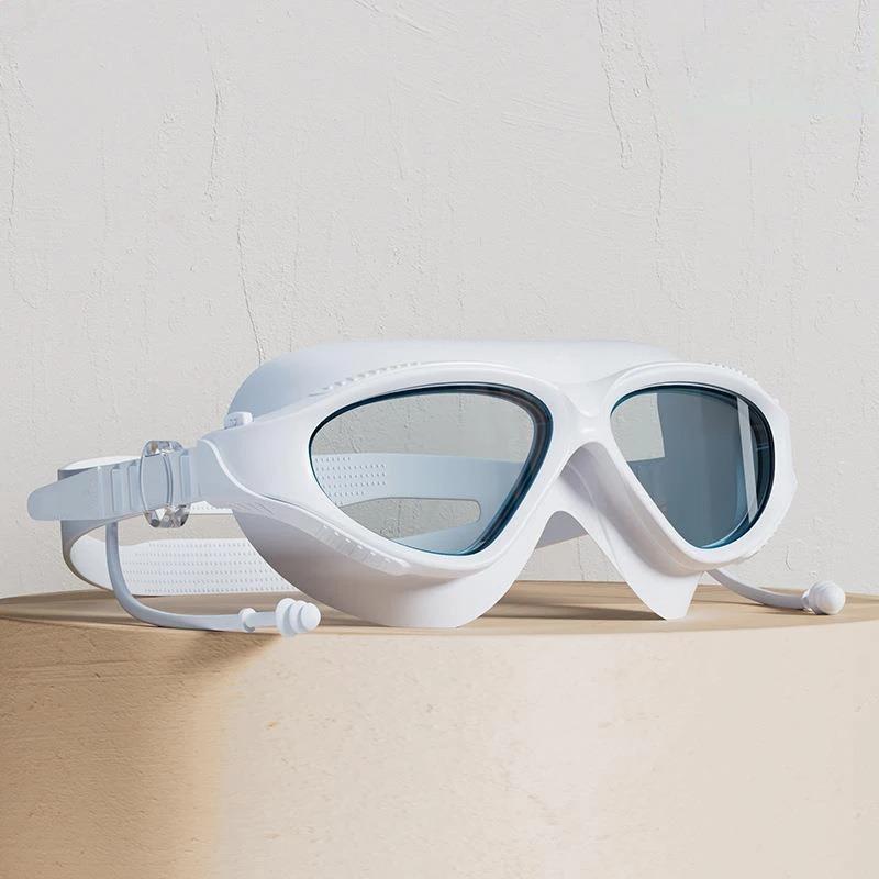 

Оптические очки для плавания с затычками для ушей. Очки для плавания для взрослых. Профессиональные противотуманные очки HD для плавания. Водонепроницаемые регулируемые очки для плавания с большой оправой. белый