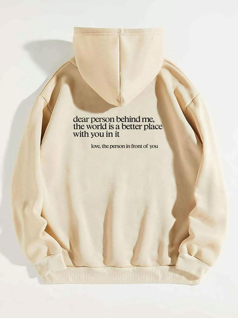 Women'S Fleece Shoulder Sleeve Sweater Letter Slogan Printed Kangaroo Pocket Drawstring Printed Hoodie