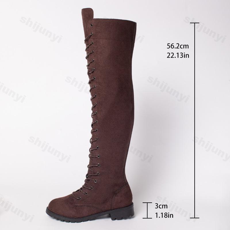 Women's Boots 2026 Lace-up Round Toe Low Heel Cow Suede Over The Knee Modern Boots Sexy Comfortable Long Boots Botas Para Mujer