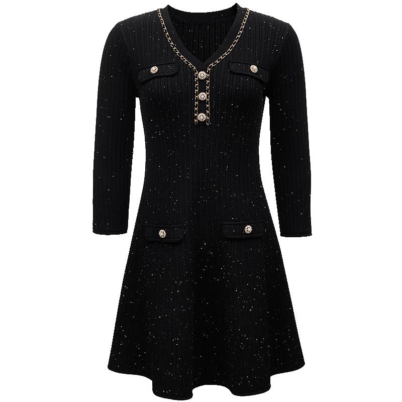 VEROMODA 2025 Spring V-Neck Sequin Knit Dress with Metal Chain S