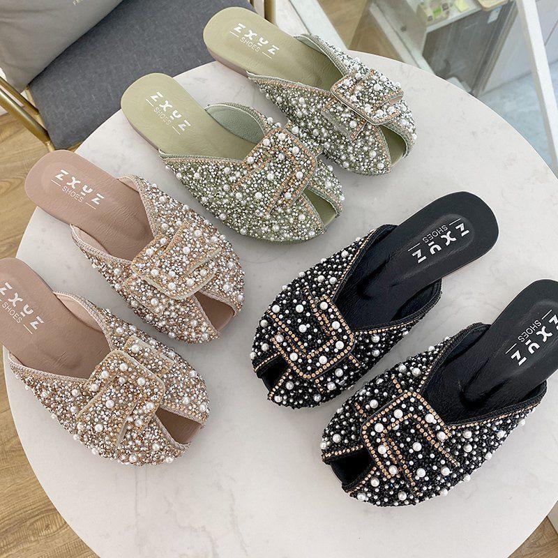 Fashion Glitter Elegant Mules Shoes for Women Sandals Fashion Heeled Rhinestone Sequin Slippers Summer New 2024 Flat Slipper Comfortable