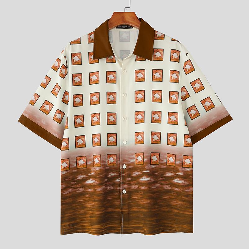 

INCERUN Oversized Shirts Men Lapel Short Sleeve Cartoon Funny Print Casual Tops 5XL оранжевый