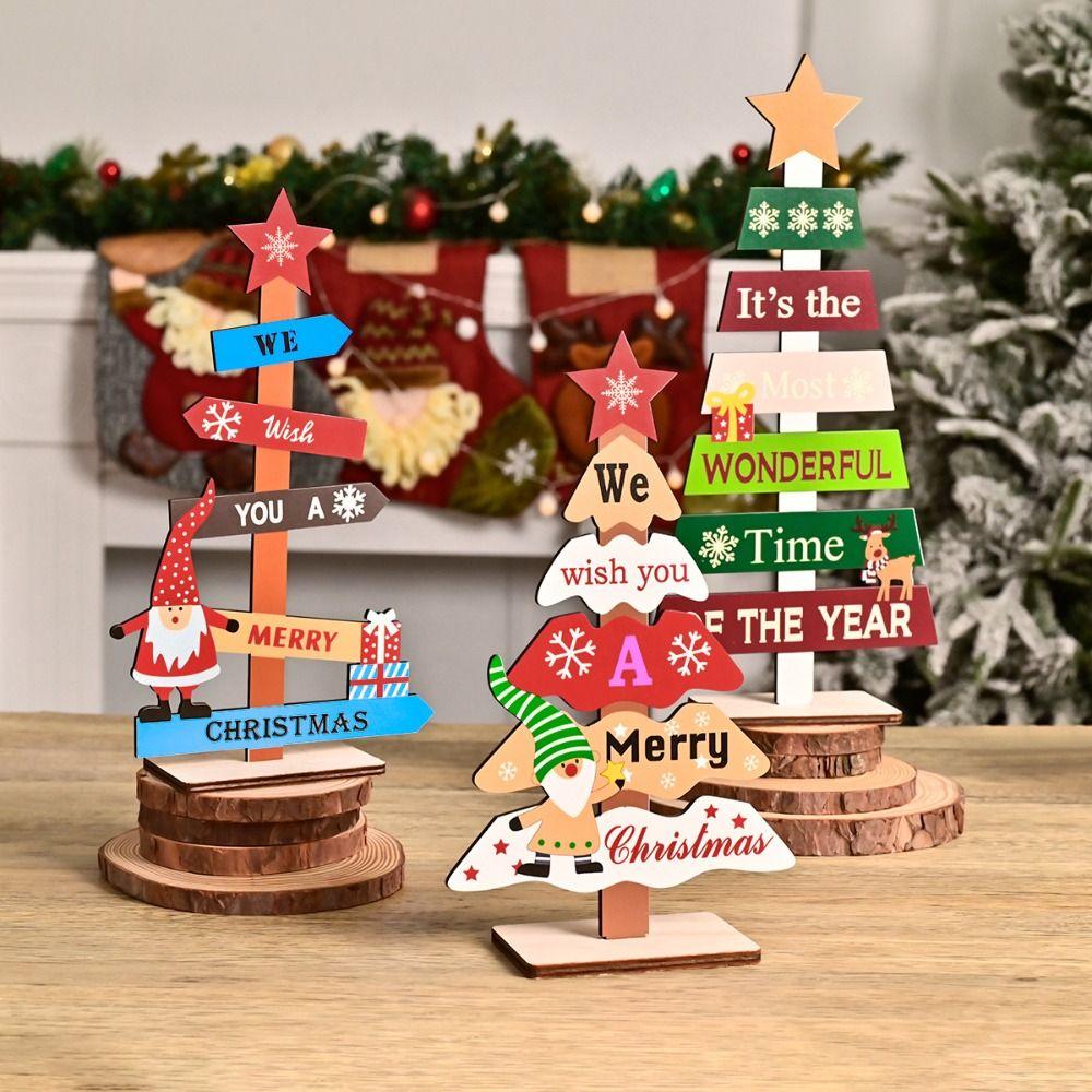 2pcs Cute Desktop Centerpieces Wood Christmas Signs Christmas Tree Ornaments Set Tabletop