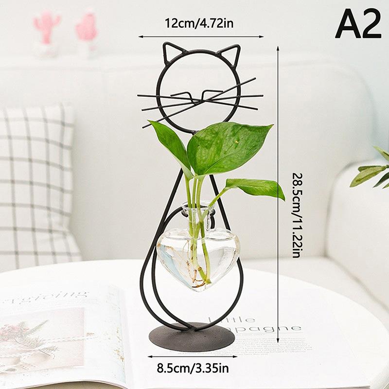 Creative Hydroponic Vase Simple Cat Iron Flower Machine Heart-Shaped Hydroponics Vase Creative Home Living Room Table Decor