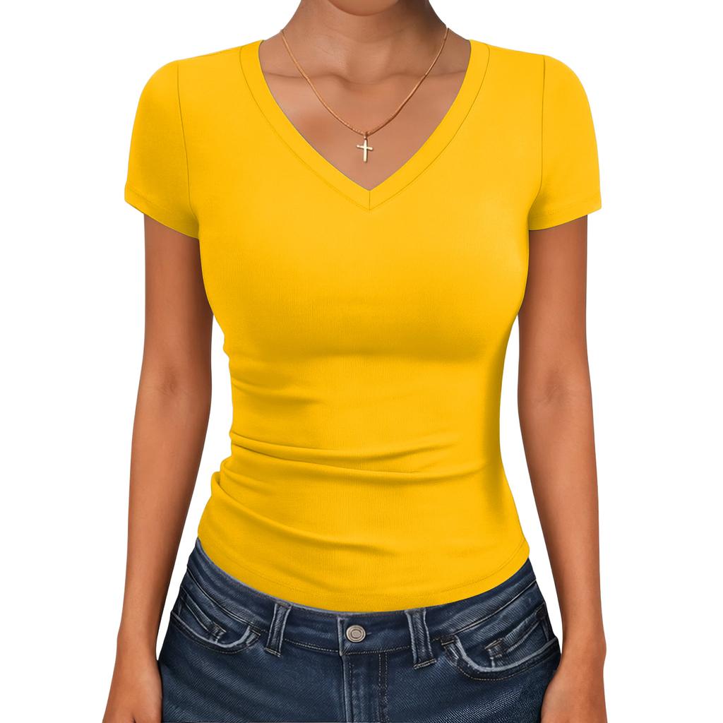 Damen Slim-Fit V-Ausschnitt Kurzarm T-Shirt Top