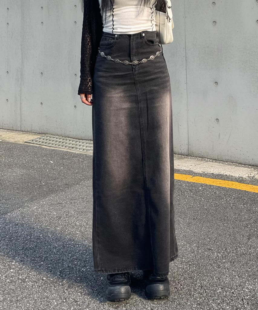Chix Vintage Washed Denim Long Skirt Black Denim
