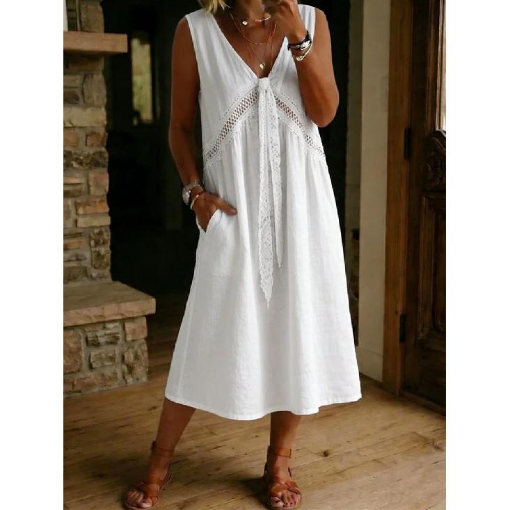 2026 New Women's Solid Color Lace Decorated Sleeveless Dress V-neck Casual Dress