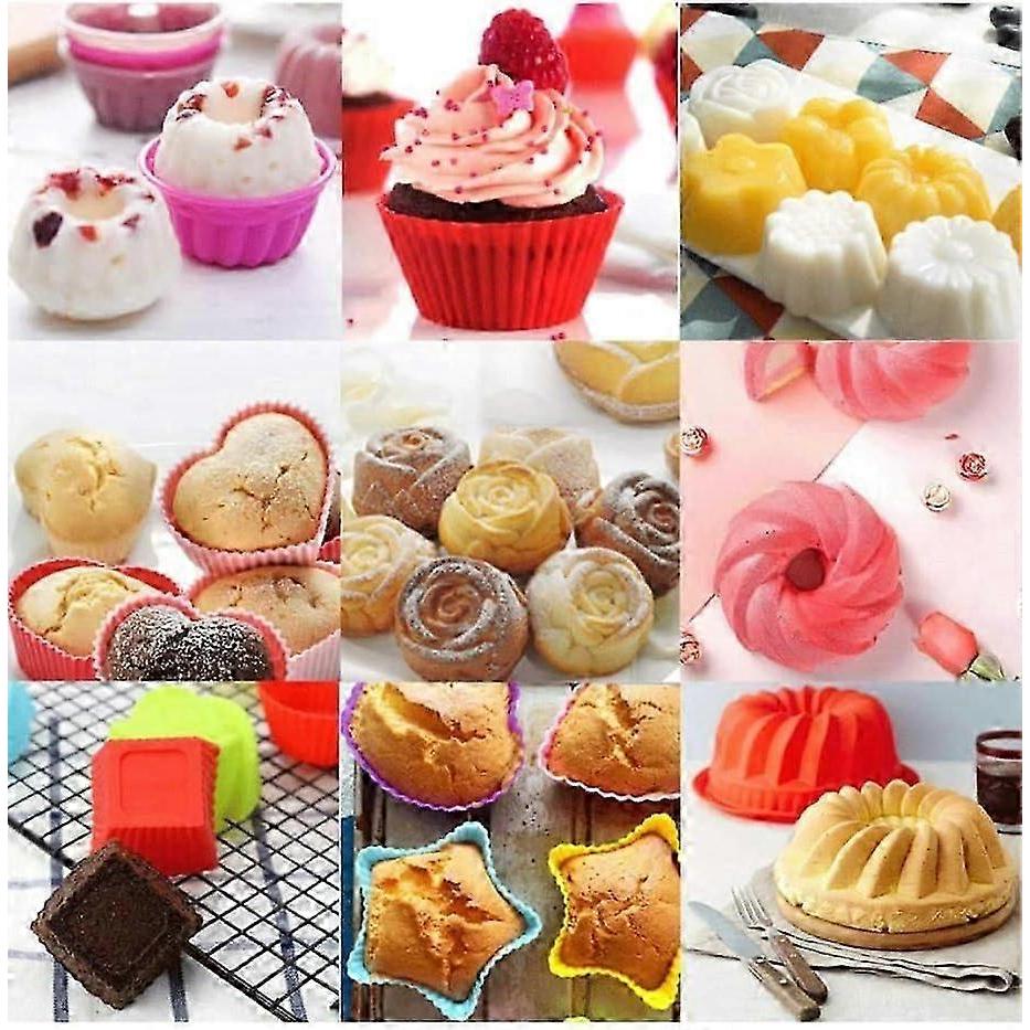 Silicone Muffin Baking Cups Pack of 36 Pieces Colorful Reusable 9 Shapes Silicone Mini Cupcake Molds, Nonstick Cupcake Liners Candy Molds Set DIY
