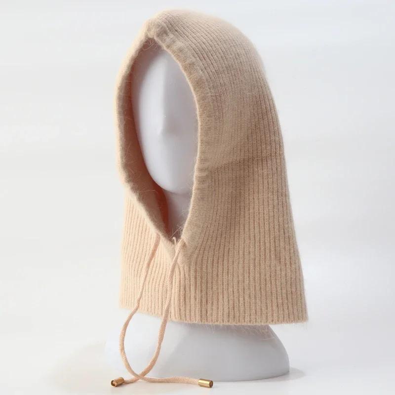 Rabbit Fur Knitted Scarf Hood Hat Women Beanies Warm Winter Unisex  Balaclava Skiing Outdoor Bonnet Thick Earflap Hat