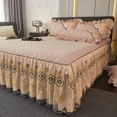 Gestepptes kariertes Spitzen-Bettrock-Set mit Kissenbezügen - 3-teilig, weiches, bequemes, atmungsaktives einfarbiges Design für Schlafzimmer und Gästezimmer