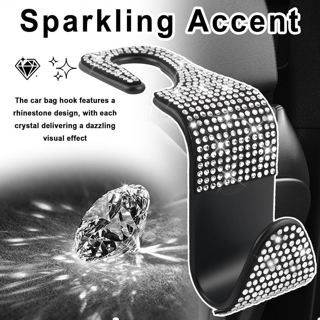 4 Pack Bling Headrest Hooks for Car with Rhinestone,Stylish Purse Hook for Cars Storage and Decorations,Universal Premium Car Hooks Cars Accessories