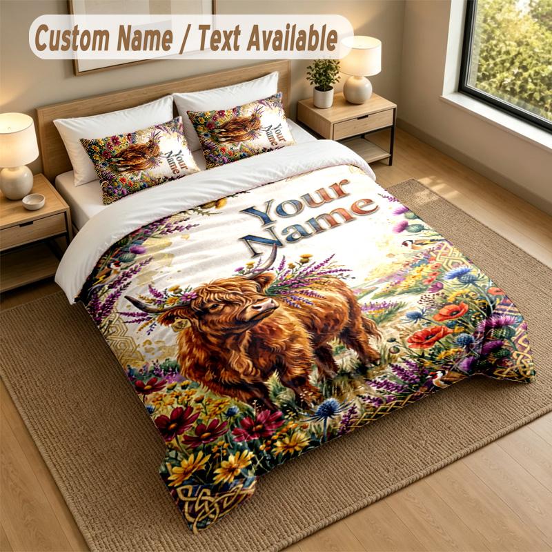 Cow Highland Theme Personalized 3Pcs Bedding Set Custom Text & Name 1 Sheet 2 Pillowcases Household Bedding 1pc