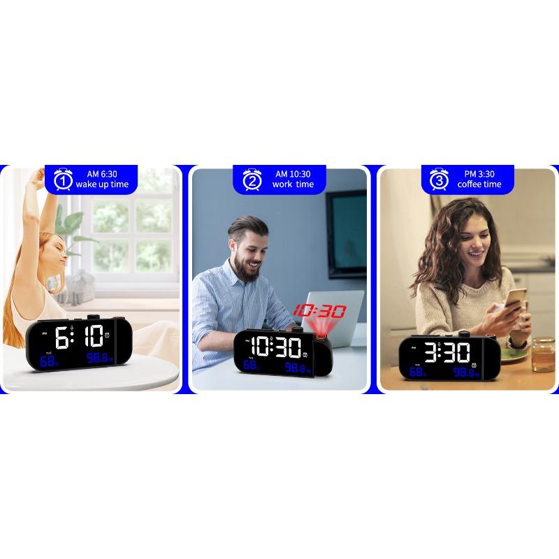 FM Radio LED Projection Clock Thermometer Hygrometer Dual Independent Alarm Clock Digital Radio Projection Time