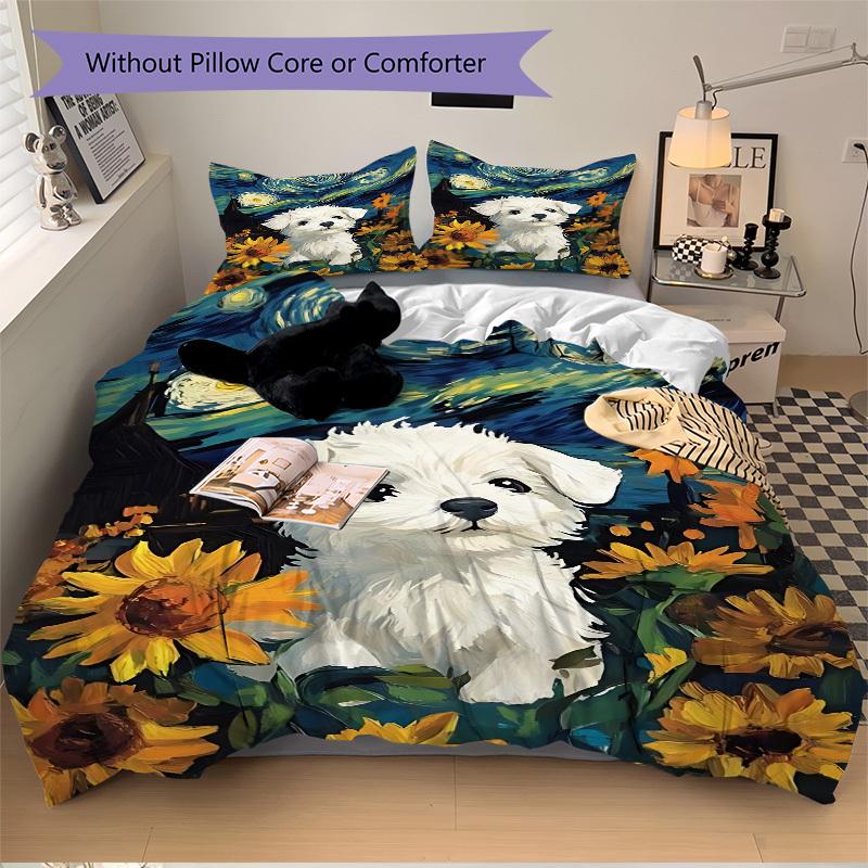 3pcs Puppy Sunflowers Duvet Cover Set, Soft Comfortable Duvet Cover,Guest Room (1*Duvet Cover + 2*Pillowcase, Without Core) yy251104164