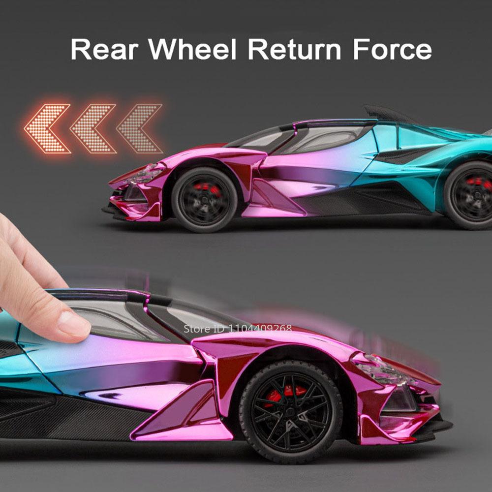 1:24 Scale Plating Apollo Project EVO Sports Car Model Toy Pull Back Sound Light Wheel Steering Supercar Models Desktop Ornament