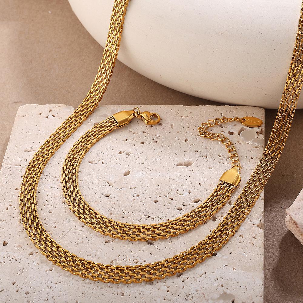 European & American Woven Mesh Stainless Steel Necklace & Bracelet Set – Simple Hollow-out Design