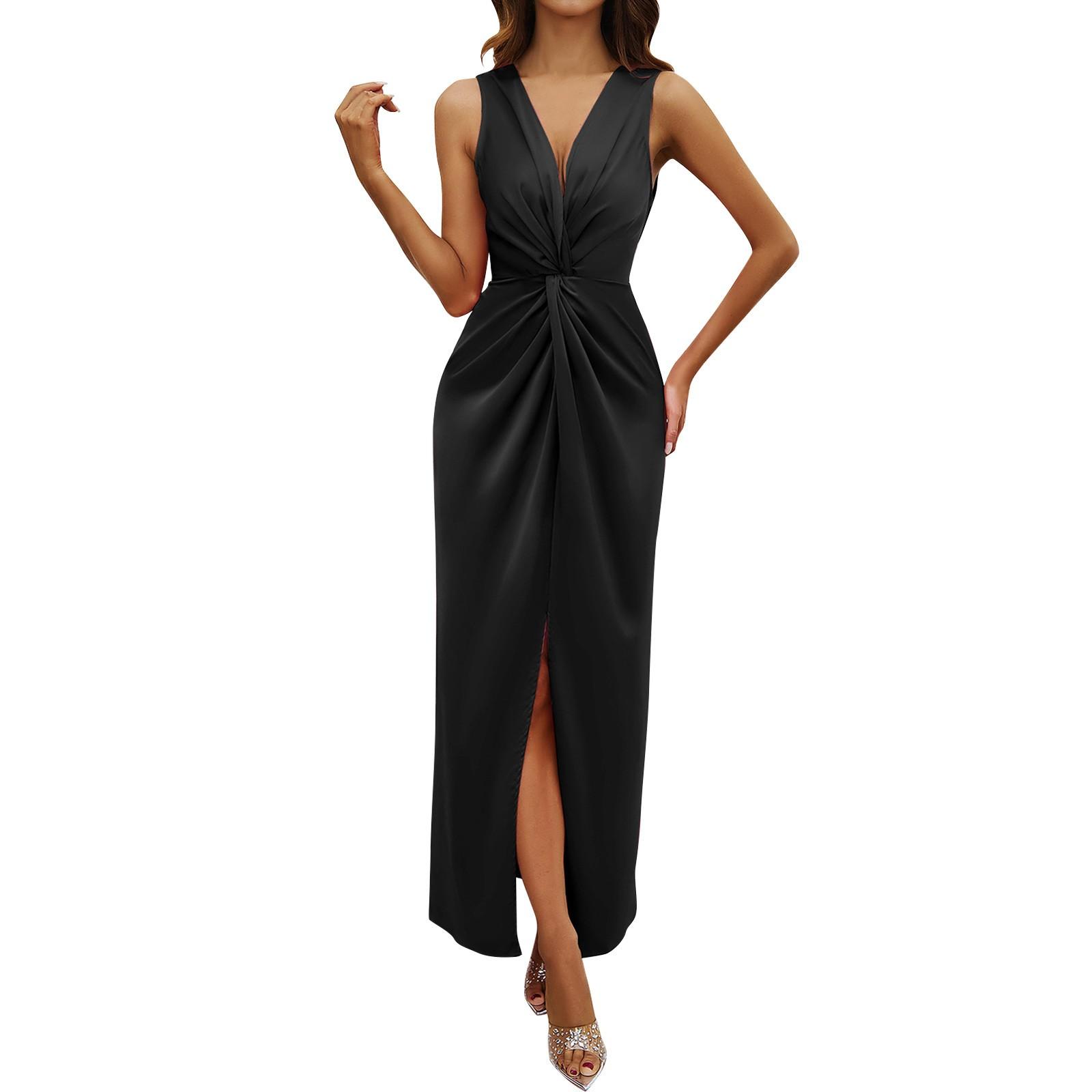 Женская мода Элегантные тонкие платья без рукавов с v-образным вырезом и разрезом XL — фото 3