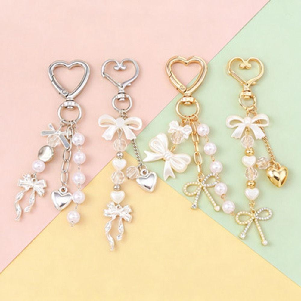 DIY Rhinestone Pendant Zinc Zinc Alloy Bag Charm Trendy Pearl Bow Keychain  Bag Ornament