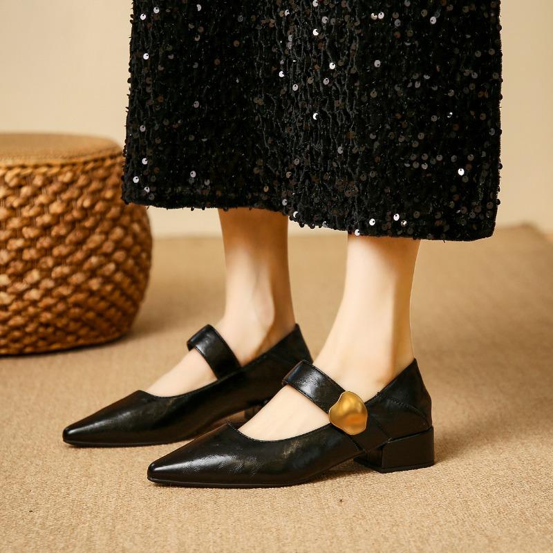 Women's Coarse Heel Shoes Autumn New Pointed Head Shallow Mouth Metal Buckle Anti-slip Wear-resistant Low-top Shoes