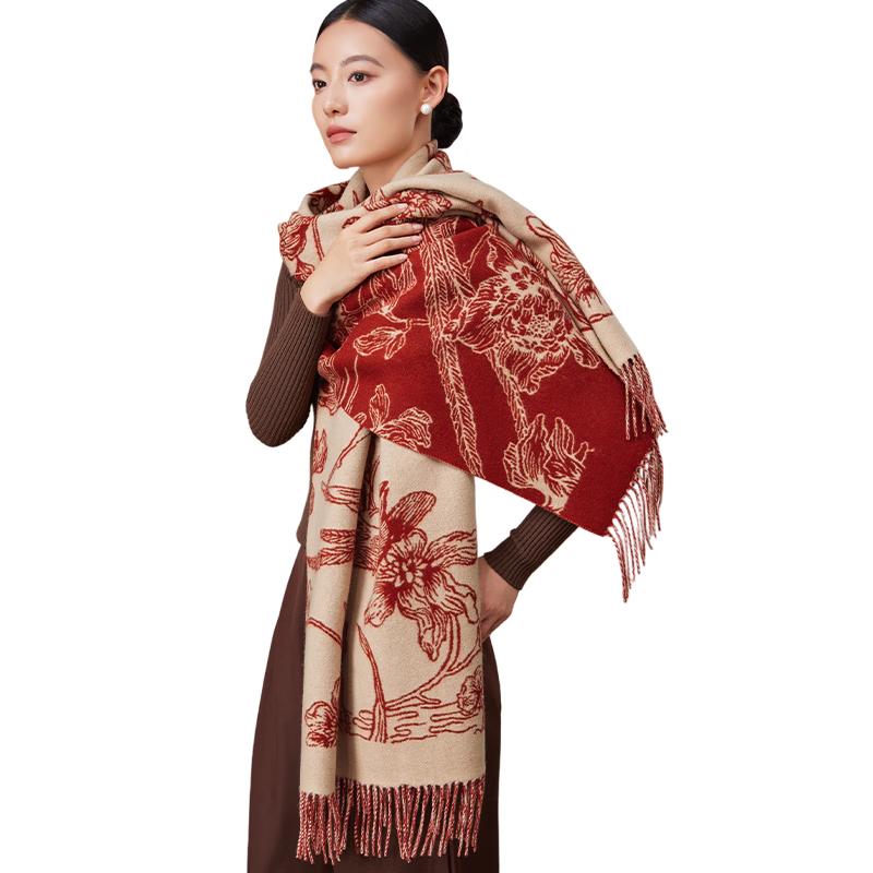 Shanghai Story Women's 100% Pure Wool Jacquard Tassel Shawl