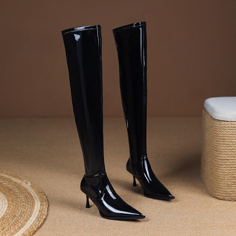 Patent Leather Sexy Over-the-Knee Boots Autumn and Winter Fashion Versatile Skinny Zipper Women s Boots High Heel Elastic Boots 39 чёрный 6790₽