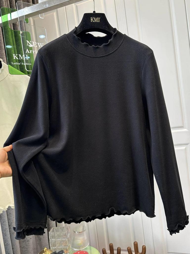 Women's Solid Color Extra-Large Long-Sleeve T-Shirt with Scalloped Edges - Autumn/Winter 2026 Collection