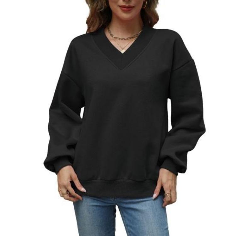 Oversized Fleece Sweatshirt Women V Neck Drop Shoulder Pullover Long Sleeve Casual Fall Top Outfit S чёрный