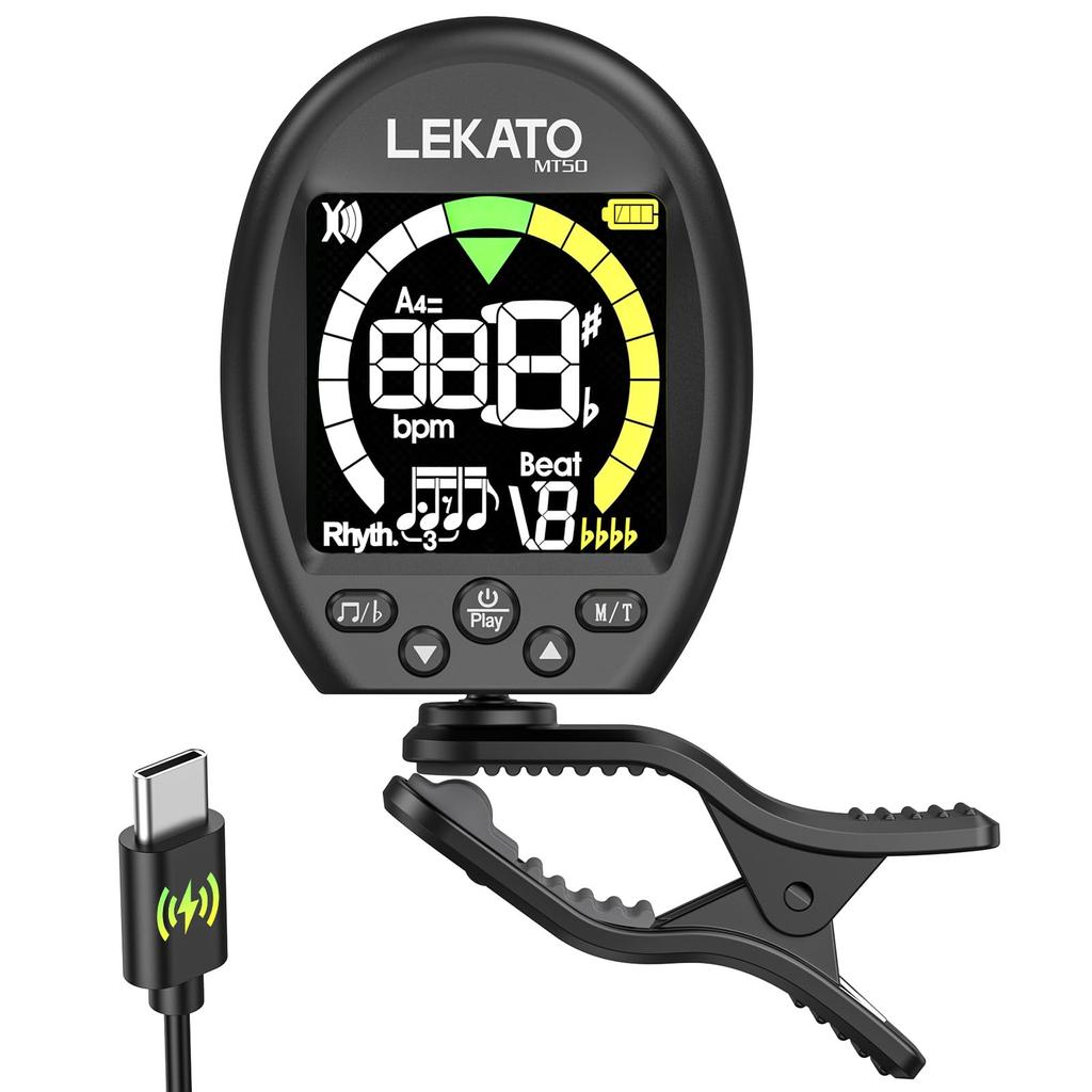 LEKATO Clip-on Tuner, Guitar Tuning, Metronome, Tone Generator, 3-in-1, Rechargeable, LCD Screen for Bass, Ukulele, and Violin