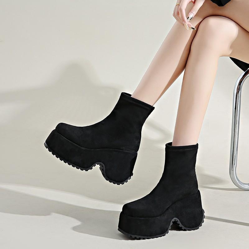Black Elastic Short Thin Boots Women's 23 New Waterproof Table Martin Boots Autumn and Winter High-heeled Socks Boots