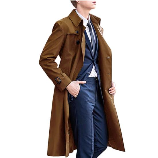 Men Windbreaker Lapel Long Sleeve Double Breasted Mid-Length Coat Solid Color Casual Business Outerwear