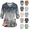Women's Floral Print V-Neck Scrub Top with Pockets and Side Slits, Three-Quarter Sleeves