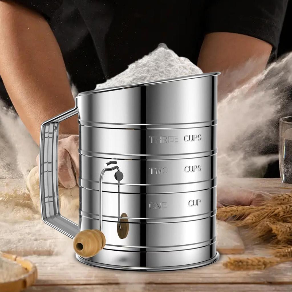 Flour Sifter Rotary Hand Crank Flour Duster Dishwasher Safe Kitchen Sifting Tool Powdered Sugar Shaker for Pastries Pies Cakes