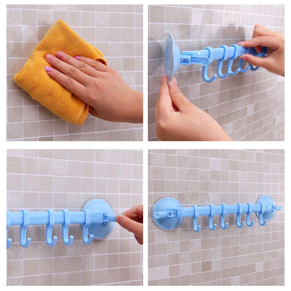 Suction Cup 6 Hook Hanger Adjustable Sliding Plastic Towel Rack Detachable Wall-mounted Storage for Bathroom Kitchen