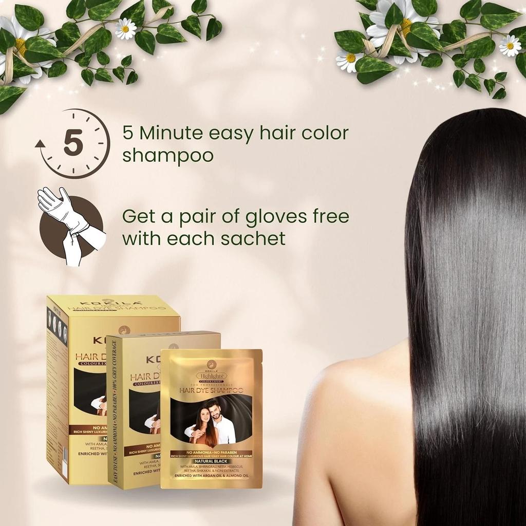 Shampoo Colorante per Capelli Kokila Senza Ammoniaca - Senza Parabeni, Nero Naturale (25 ml x 5 bustine)