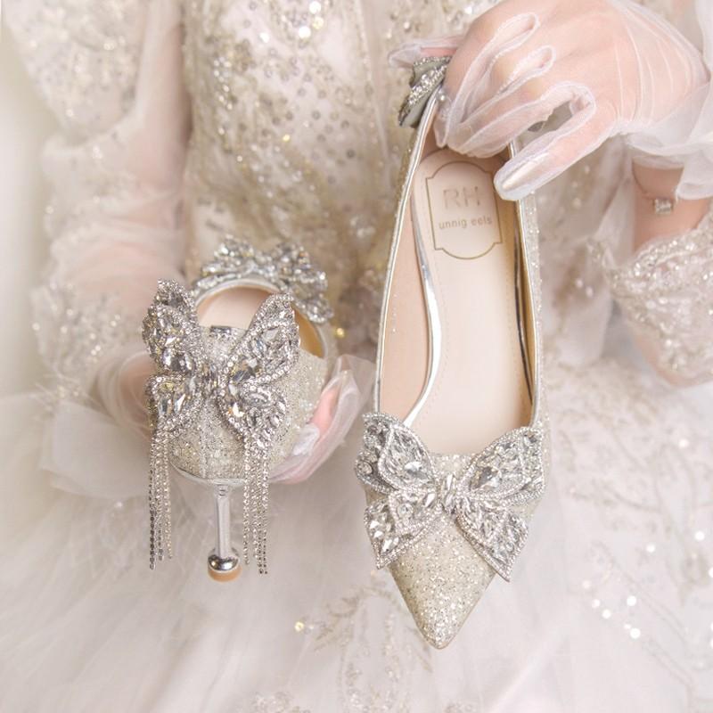 Autumn new pointed single shoes thin heel shallow mouth pearl bow high heels glossy bridesmaid wedding shoes