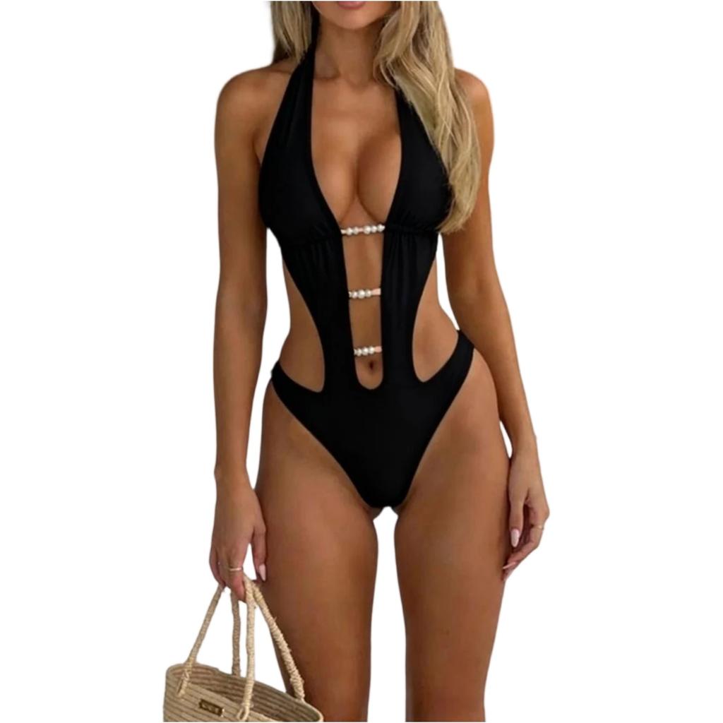 Swimsuit for Women Neck Cutout Bathing Suit with Beaded Strap Detailing Backless Design