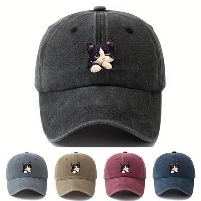 Simple Versatile Cute Cat Print Washed Vintage Soft Top Sunshade Baseball Cap Unisex Baseball Cap