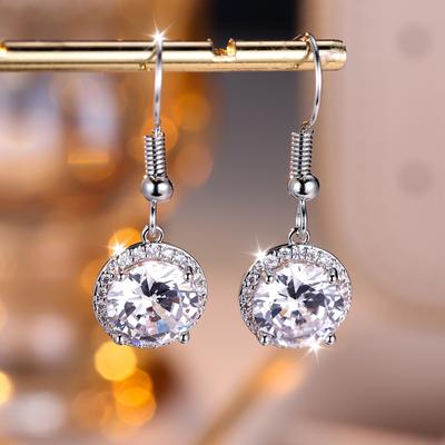 New Round Zircon Crystal Silver Color Hook Earrings for Women Wedding Party Fashion Jewelry Gift