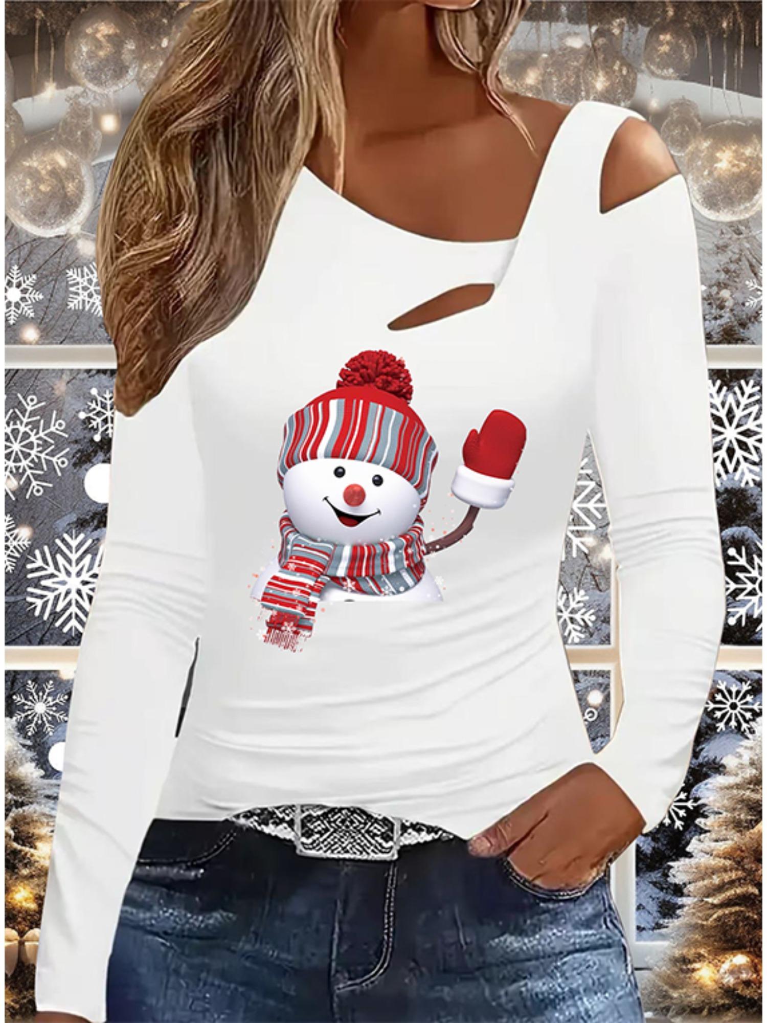 

Autumn & Winter Women s New Casual Long Sleeve Top Christmas Pattern Ideal Halloween Christmas Gift T Shirt S білий