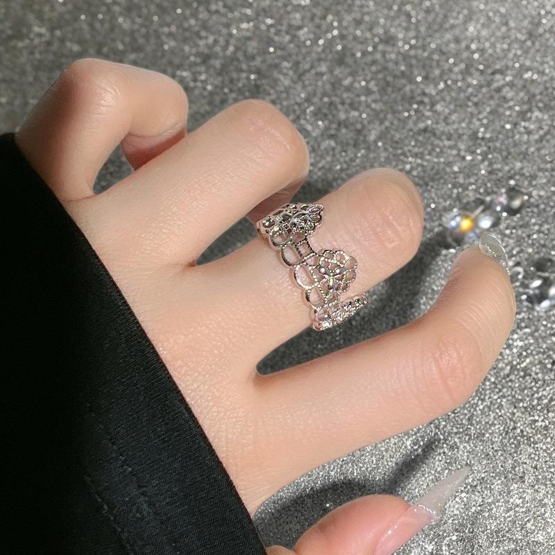 Niche Design Light Luxury High-End Four-Leaf Clover Open Ring Full Of Diamonds Micro-Inlaid Zircon Super Flash High-End Ring Woman Adjustable opening
