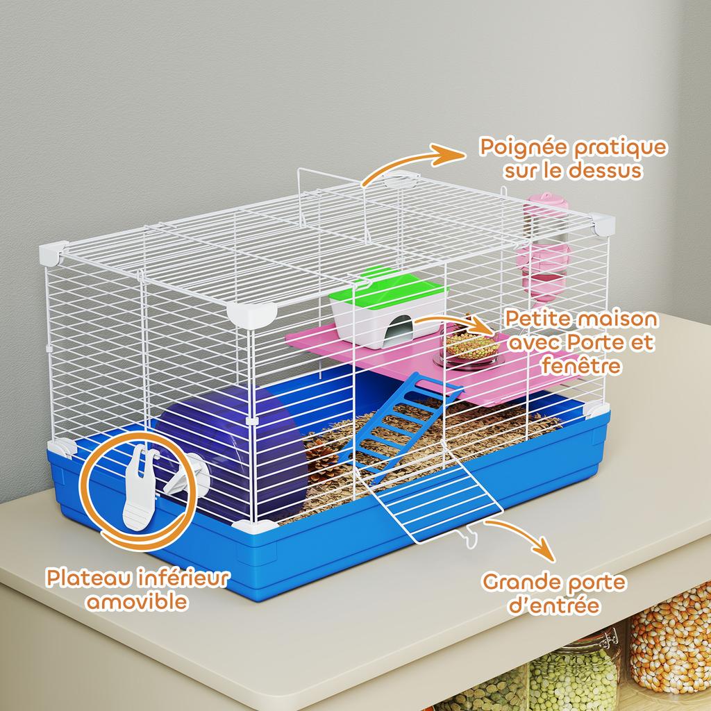 Cage Hamster, 2-Level Rodent Cage, Removable Base for Easy Cleaning, Hut, Exercise Wheel, 47x30x27cm, Blue