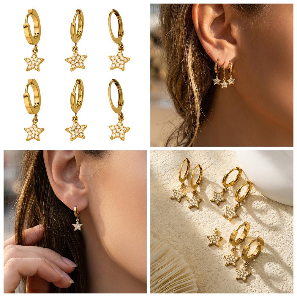 18K Gold-Plated Star Pendant Zircon Earrings for Women - European & American Style