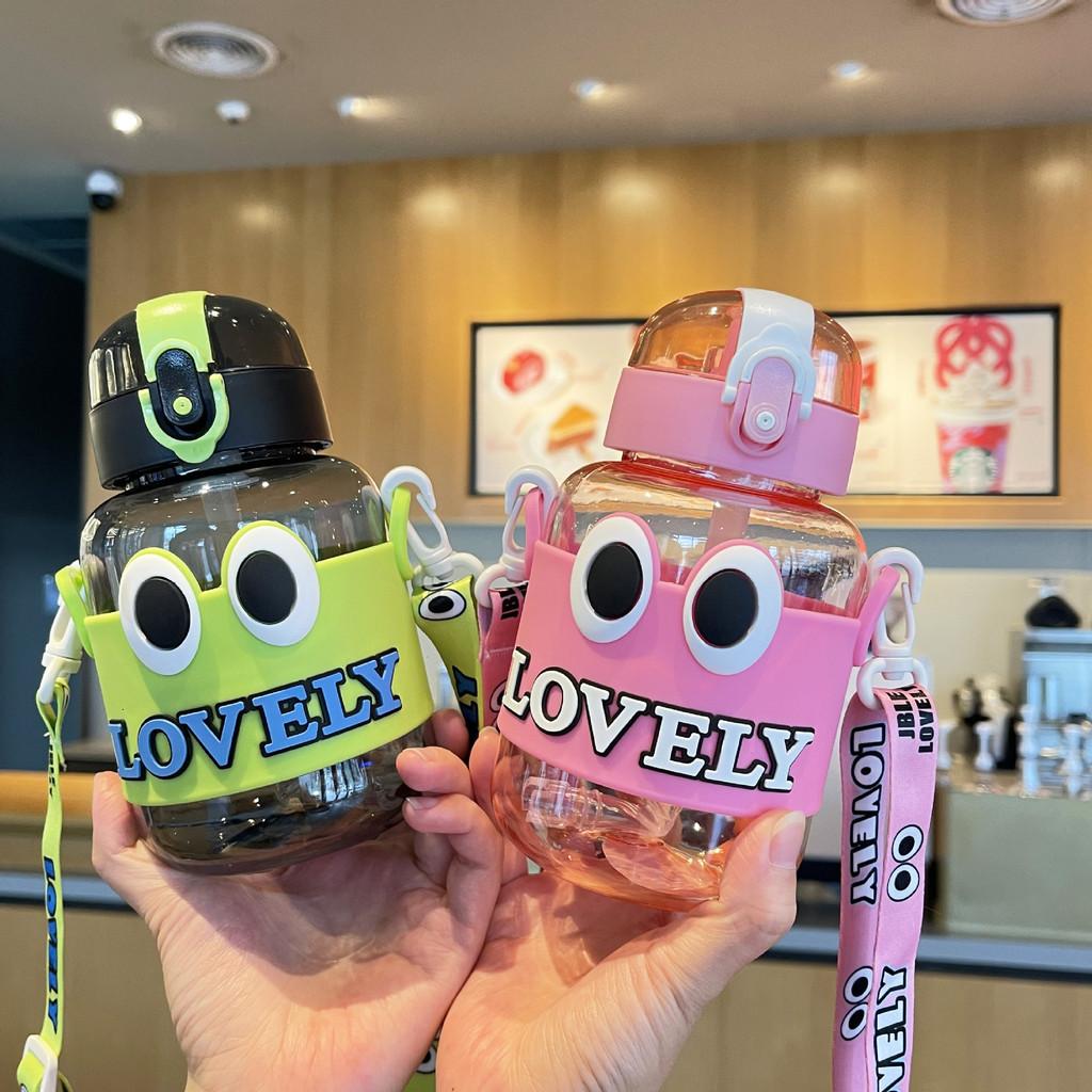 Cute Cartoon Dopamine Children's Water Bottle With Portable Strap Straw Large Eyes Fat Cup Outdoor