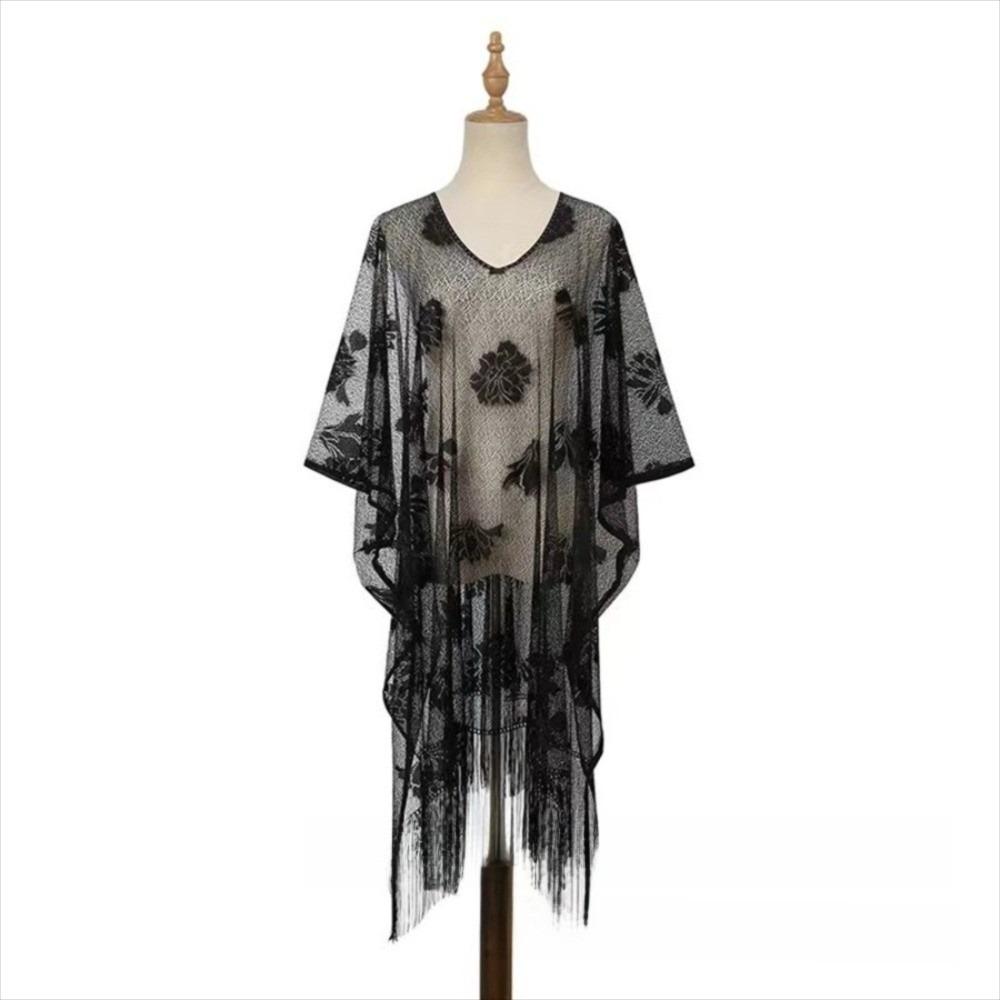 

Элегантная кружевная накидка с цветочным узором, дышащее пончо, новый шарф для защиты от солнца, для активного отдыха чёрный