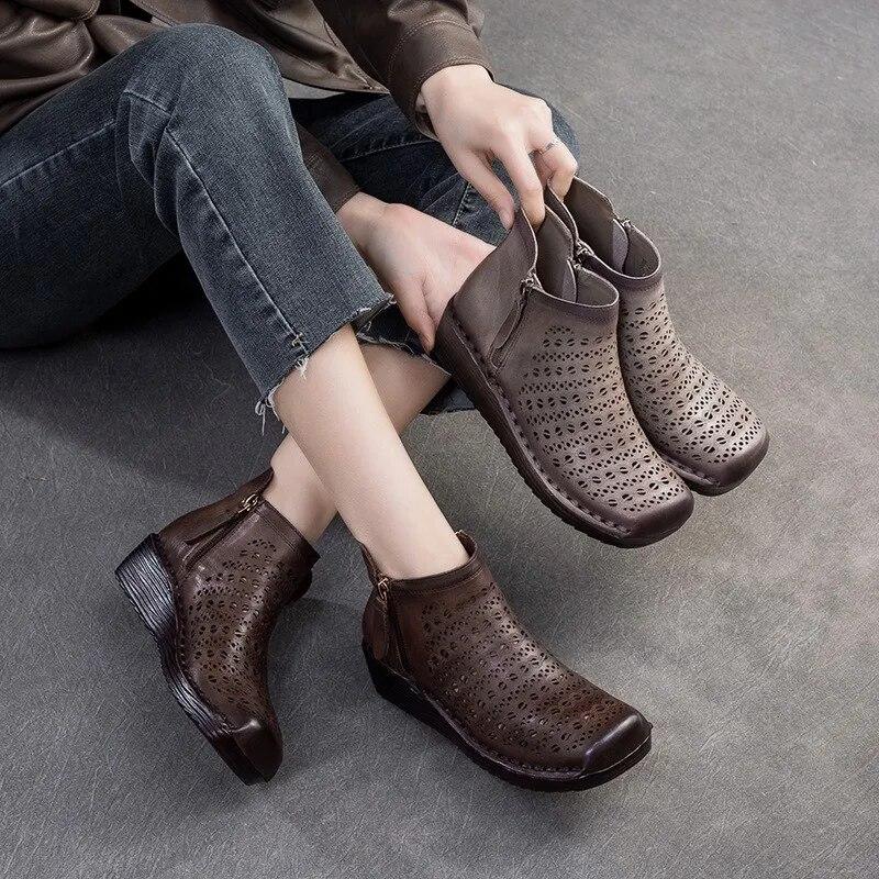 Johnature Genuine Leather Breathable Hollow Out Boots Retro Versatile Comfortable Women's Wedges Shoes