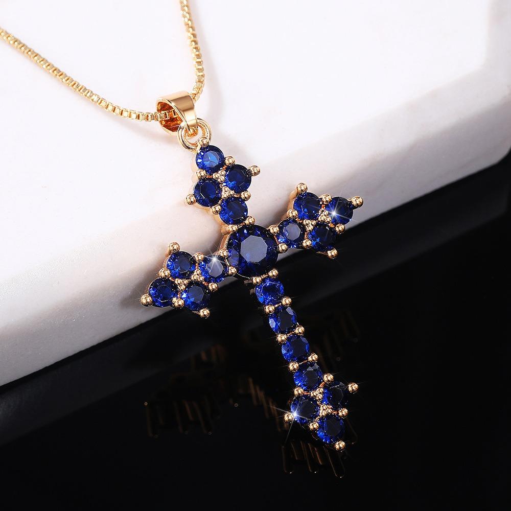 Women Hip Hop Zircon Cross Pendant Necklace Stainless Steel Bling Shiny Charm Exquisite Fashion Jewelry Gift синий