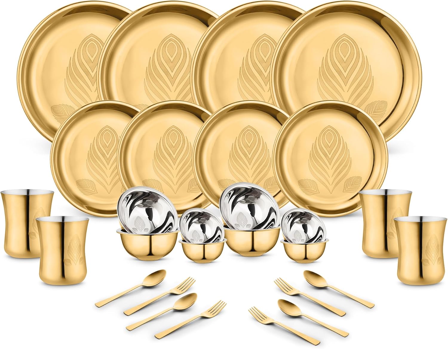 Classic Essentials Stainless Steel Gold Dinner Set with High Grade PVD Coating with Permanent Laser Design (Set of 28) 15cm золотистый