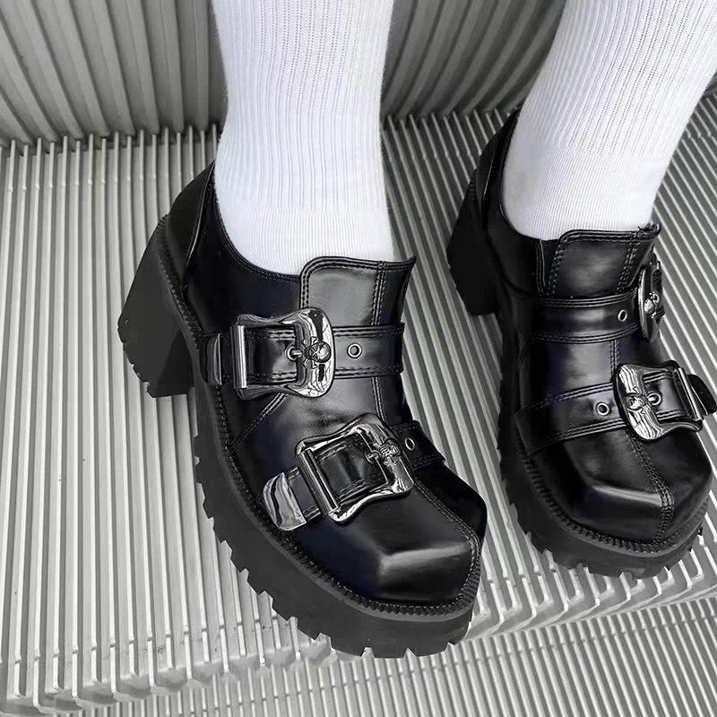 Black Mary Jane Shoes for Women 2025 New Autumn Platform Metalic Buckle Pumps Gothic Punk Style Spice Girls Lolita Students