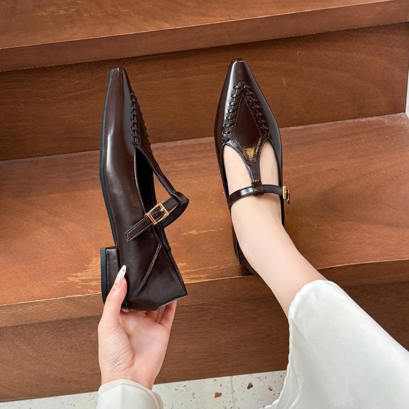 Women's Genuine T-strap Slip-on Flats Pointed Toe Soft Comfortable Casual Female Daily Loafers Moccasins Shoes for Woman