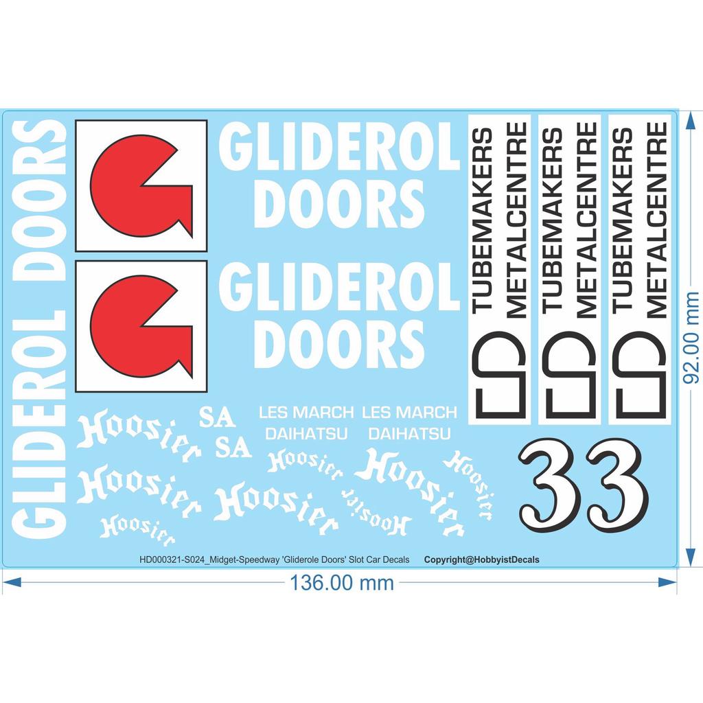 Gliderole Doors Midget-Speedway Slot Car Decals - 1/18 1/24 1/32 1/64 - Water Decals - Waterslide, 1/32 - Waterslide, 1/24